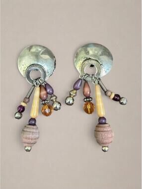 Vintage Boho Beaded Statement Dangle Clip On Earrings